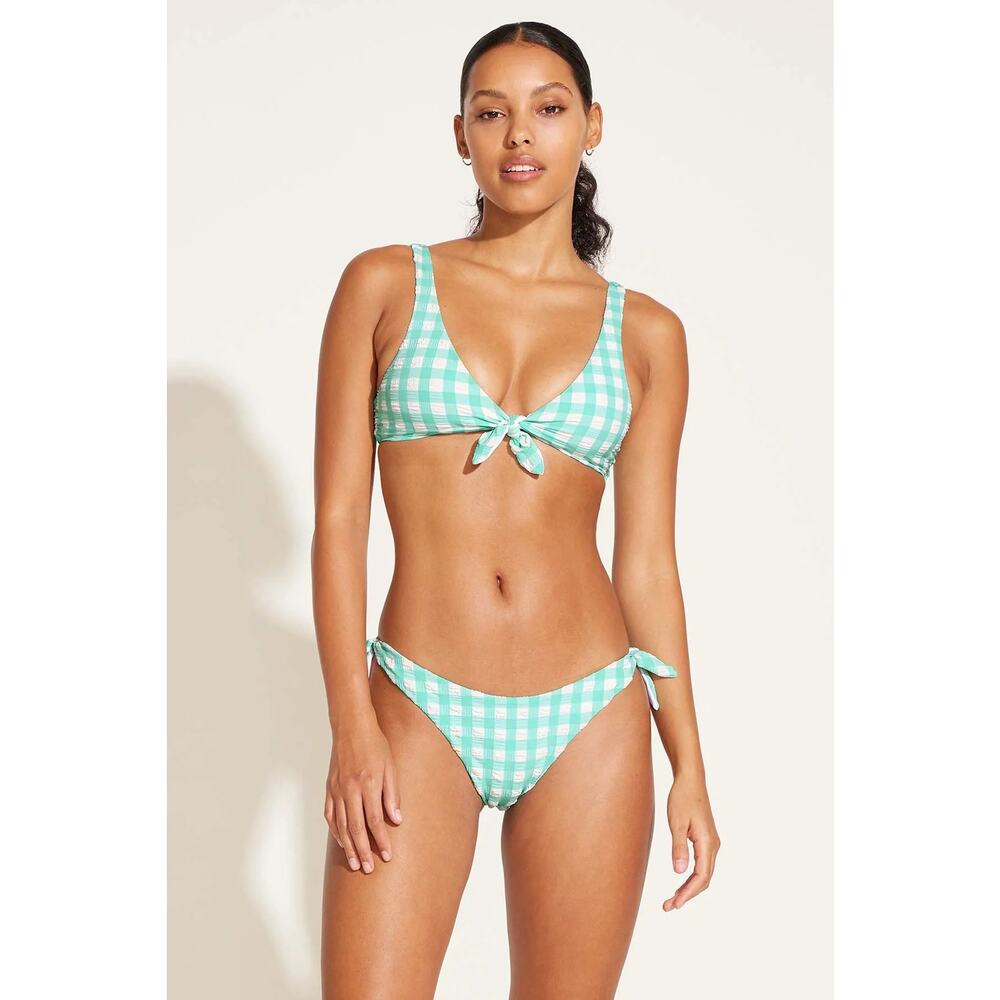 Vitamin A Lou Tie Side Seafoam Pucker Gingham Bikini Swimsuit Bottoms Size Large